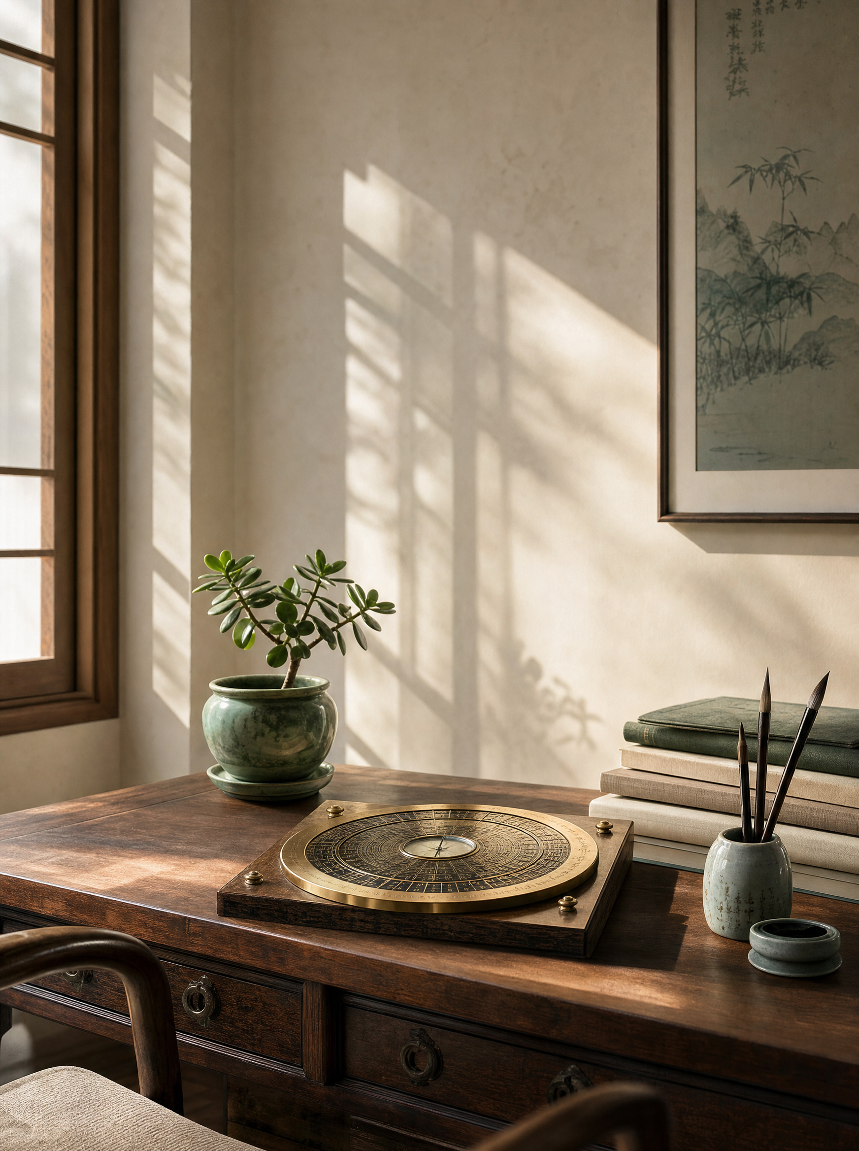 Study with luopan compass and jade plant