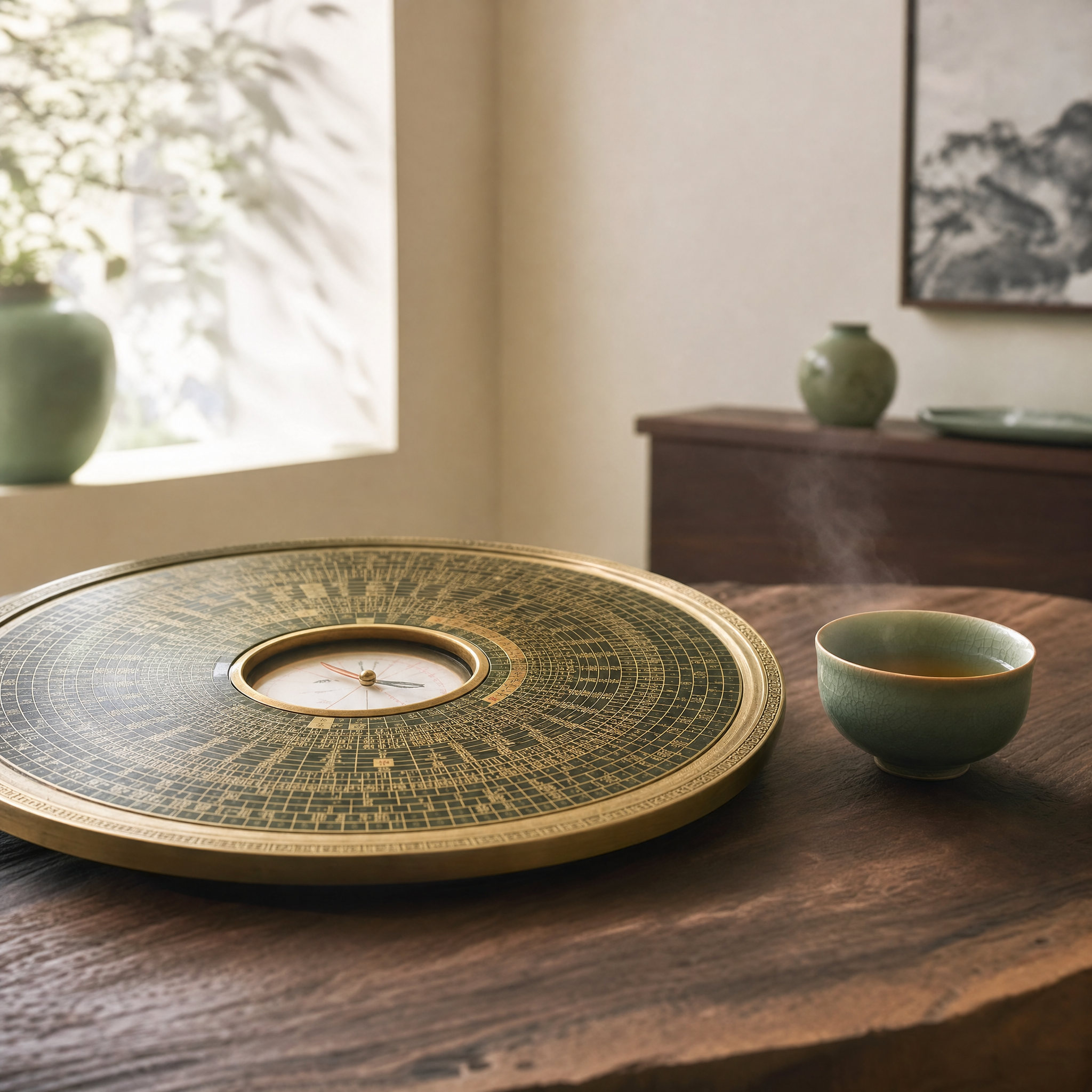 Brass luopan compass with tea