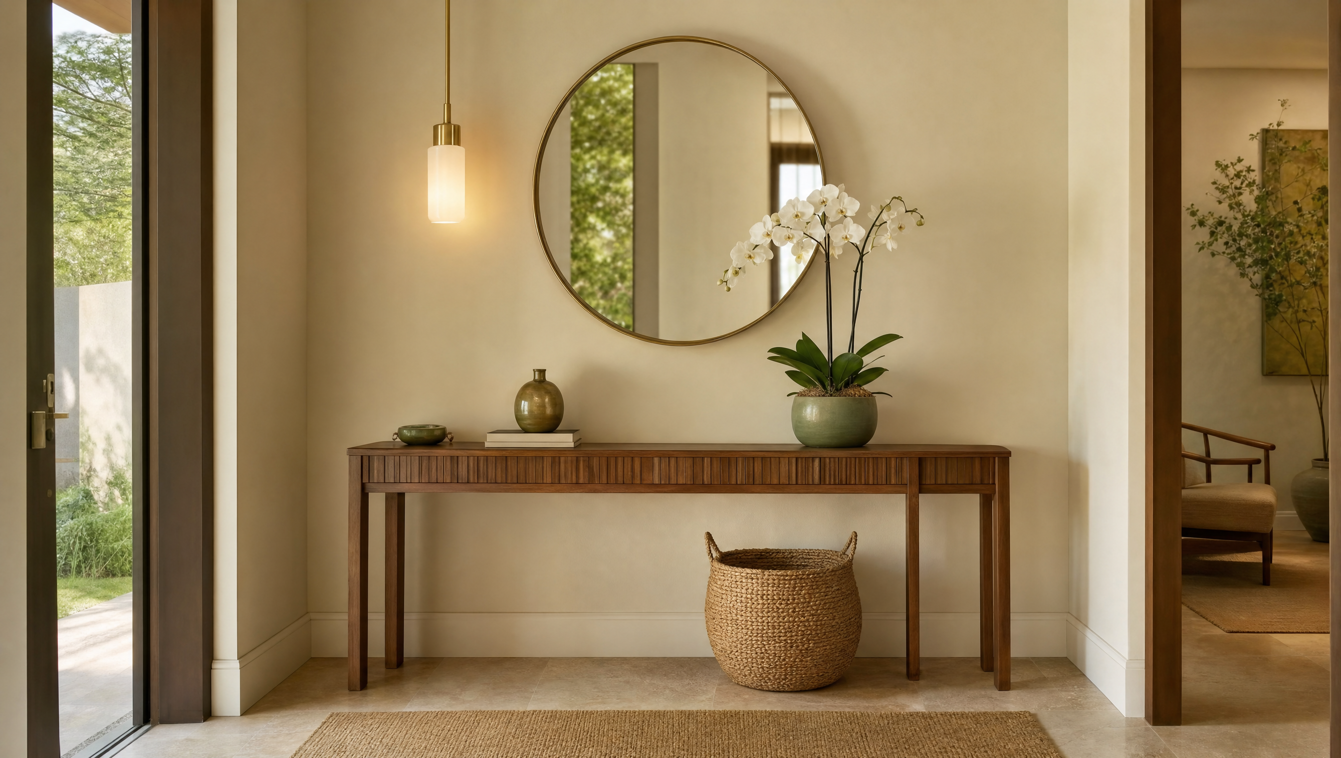 Welcoming entryway with round mirror