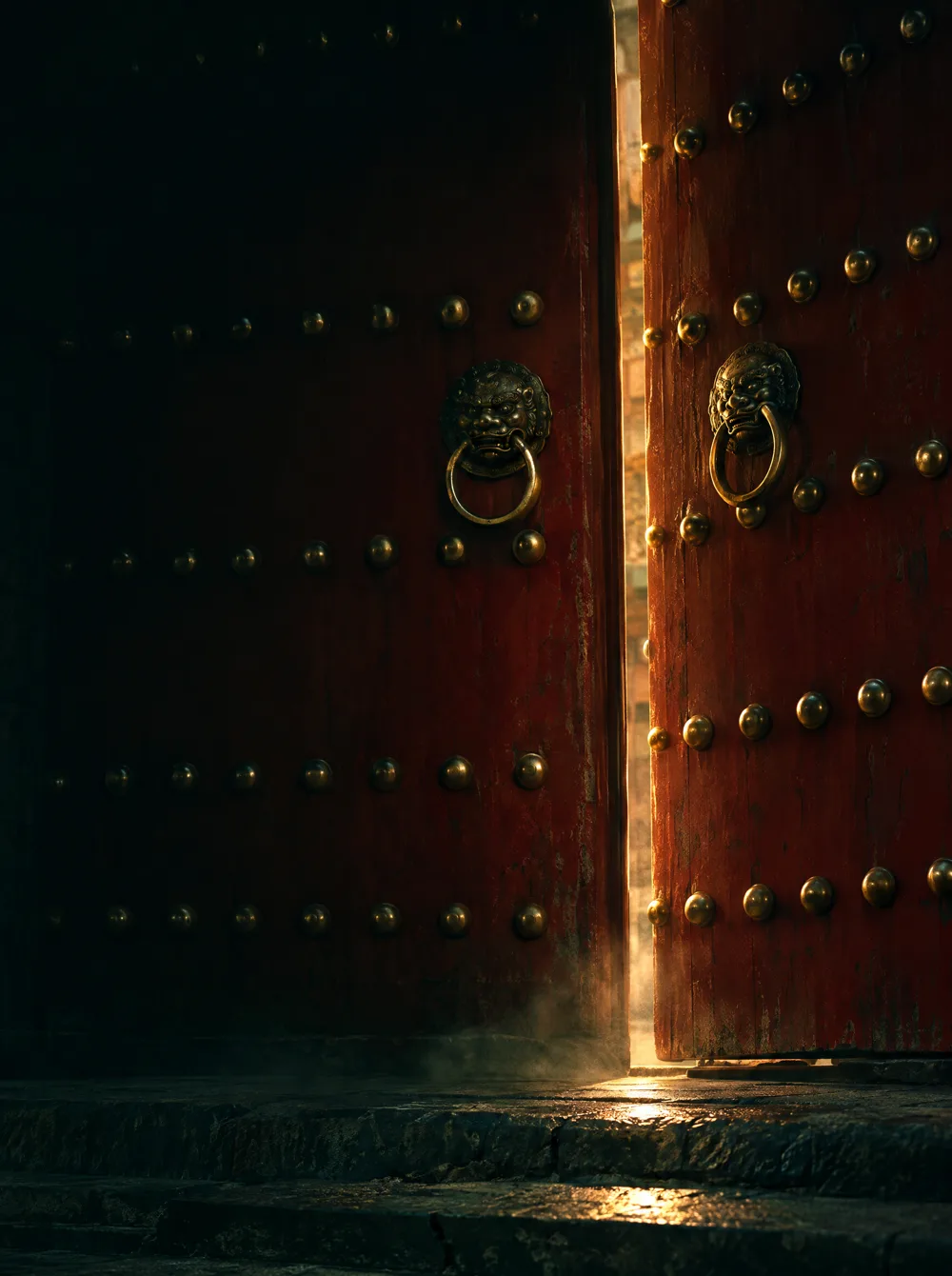 A red lacquered door standing slightly open, light spilling onto stone steps