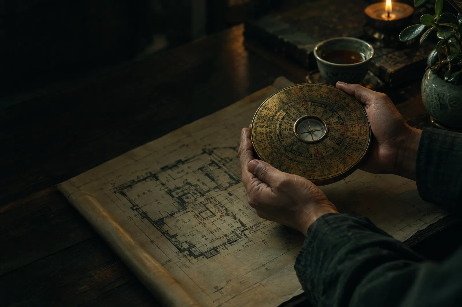 Two hands holding a luopan compass level over a floor plan