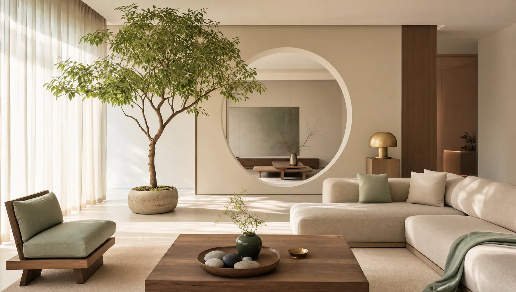 A serene living room with a moon gate and a potted tree