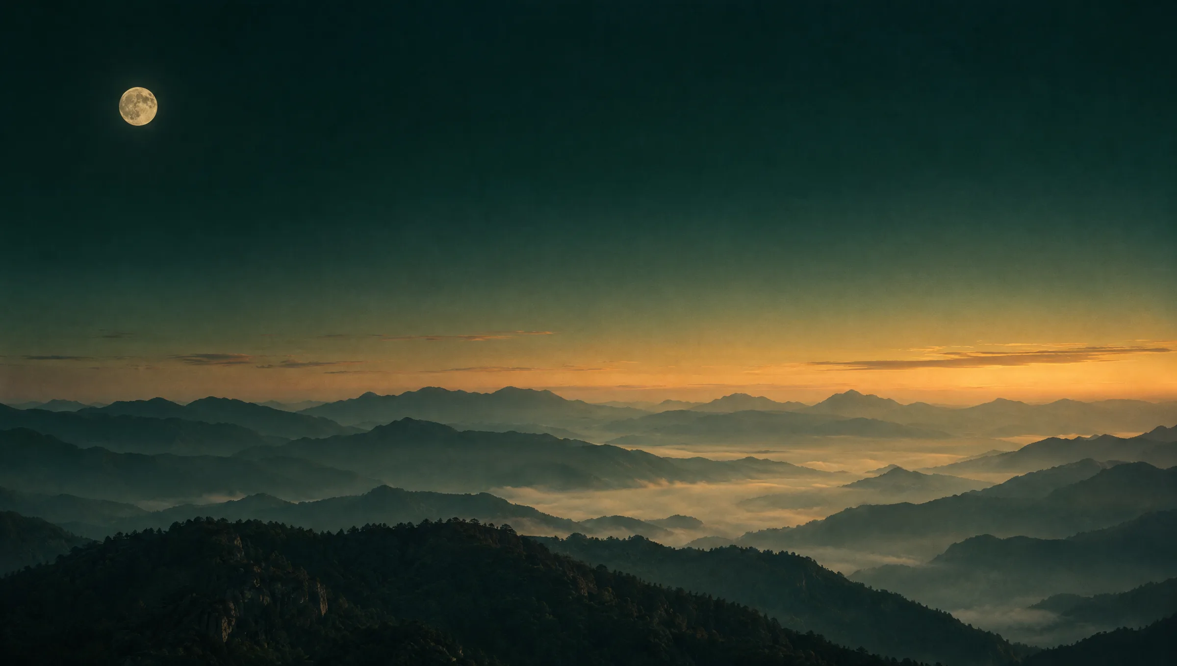 Mountain ridges in dawn mist under a low moon