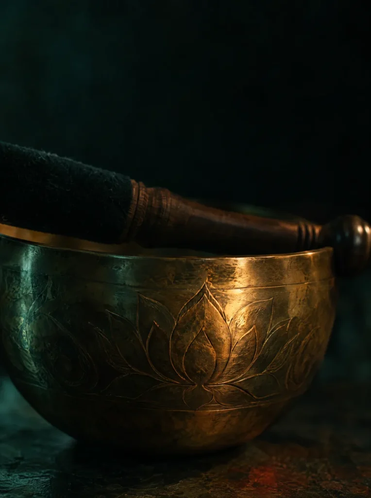 A chased brass singing bowl with its striker