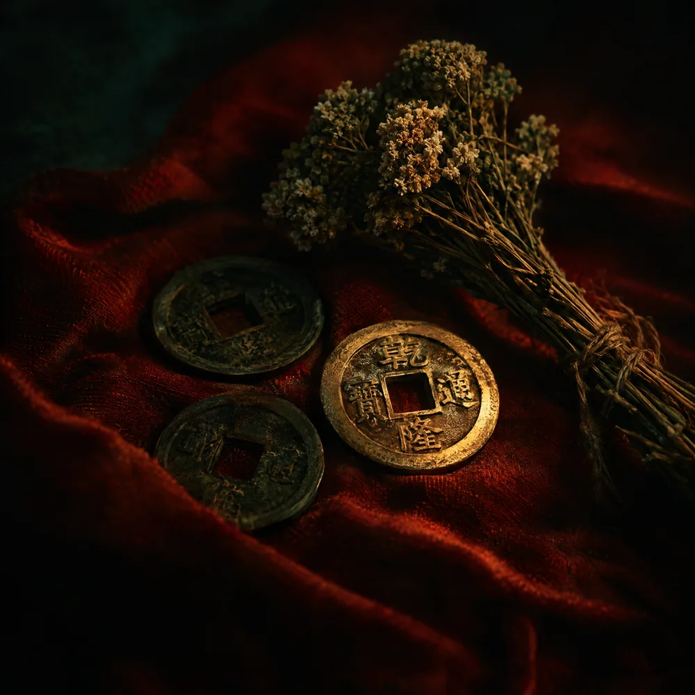 Three bronze coins on red silk beside yarrow stalks