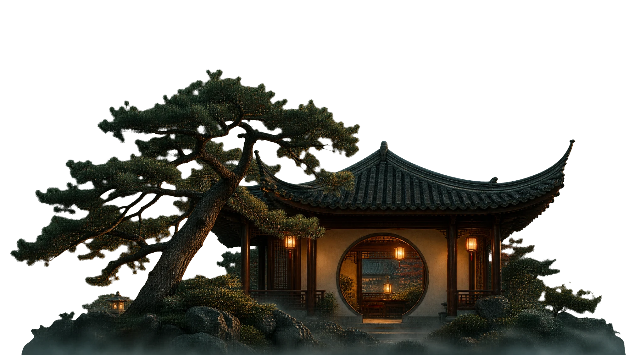 A garden pavilion with a round moon gate, lanterns lit, beside an old pine