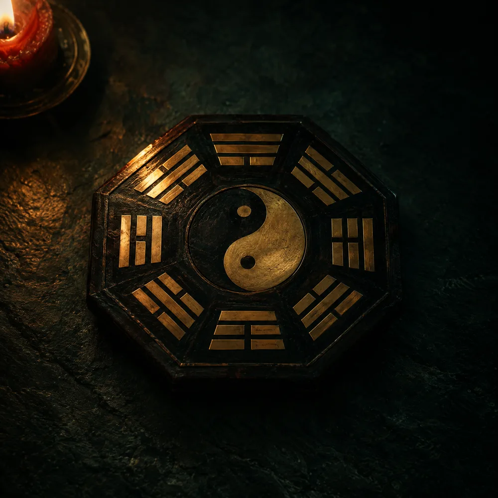 An octagonal bagua plaque with brass trigrams