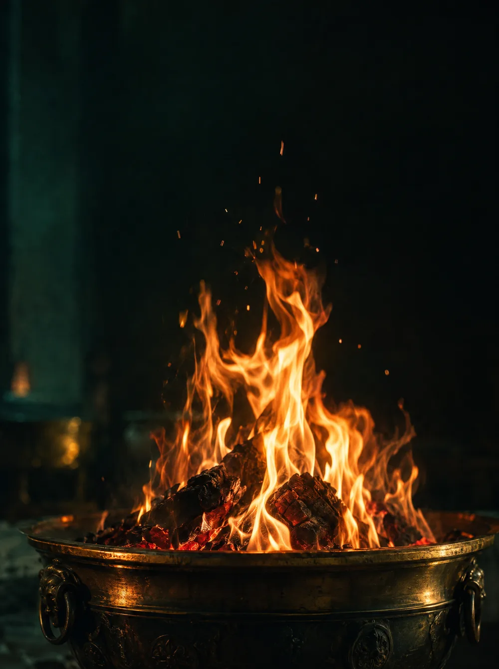 Tall flames and glowing embers in a bronze brazier