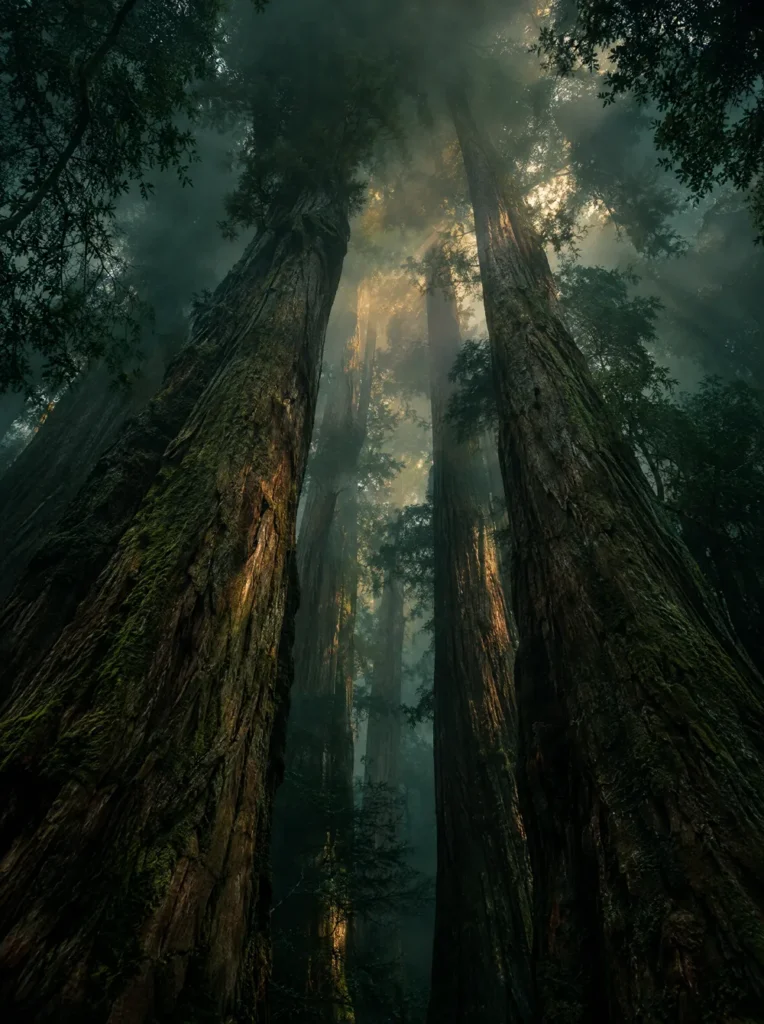 Colossal ancient tree trunks rising into mist and dawn light