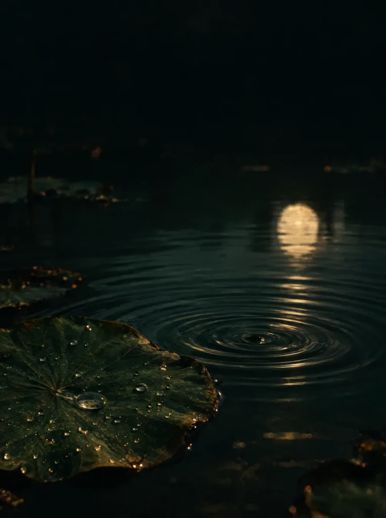 A ripple on a dark pond beside a lotus leaf, the moon reflected