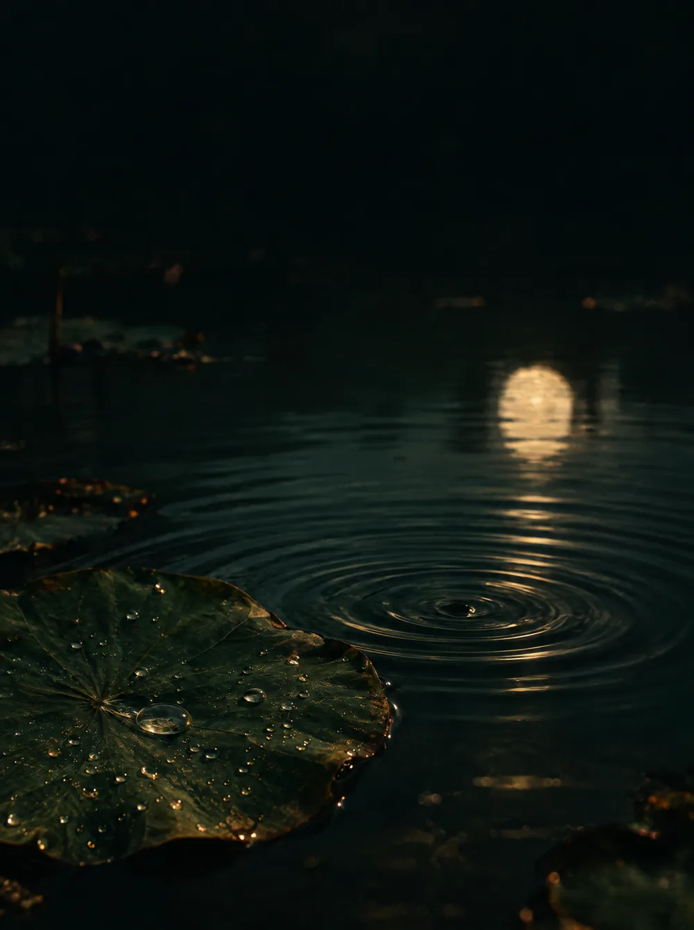 A ripple on a dark pond beside a lotus leaf, the moon reflected