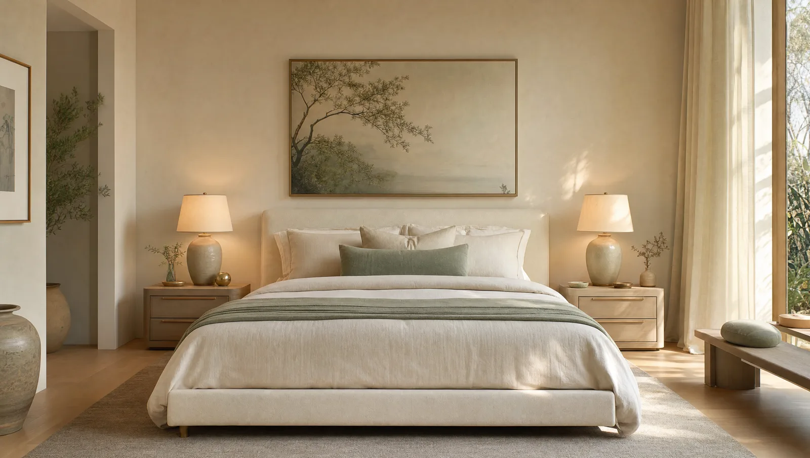 A tranquil bedroom with the bed in the commanding position