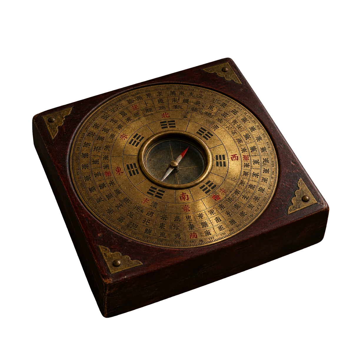 An antique brass luopan compass in a rosewood base